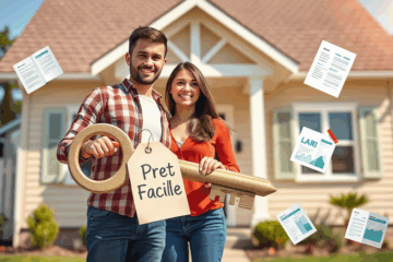 Image d'une maison avec un panneau 'À vendre', représentant l'accessibilité à la propriété grâce au prêt facile.