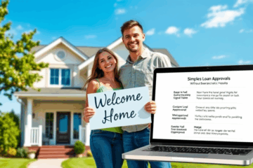 Illustration d'une maison avec un couple heureux réalisant leur rêve grâce à un crédit immobilier simplifié.