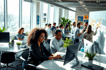 Vue d'une équipe de Zurich Insurance collaborant dans un environnement de travail dynamique.