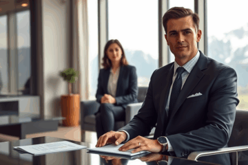 Un homme et une femme en tenue professionnelle, prêts pour un entretien d'embauche.