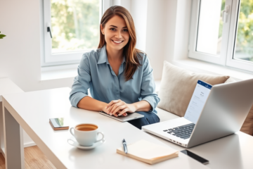 Jeune femme souriante utilisant un ordinateur portable dans un bureau lumineux pour une demande rapide de prêt personnel en ligne avec réponse simplifiée