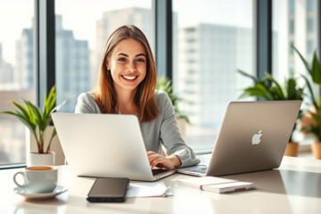 Femme souriante utilisant un ordinateur portable dans un bureau moderne pour un crédit en ligne facile avec conditions accessibles et réponse rapide