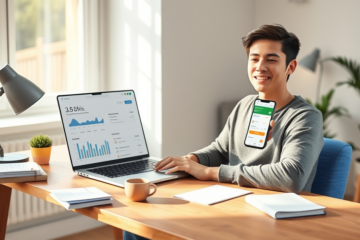 Jeune adulte utilisant un ordinateur portable et un smartphone dans un bureau moderne pour un prêt personnel en ligne avec taux réduits et demande simplifiée