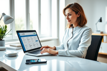 Jeune femme utilisant un ordinateur portable dans un bureau lumineux, comparant en toute sécurité des offres de crédit digital rapide